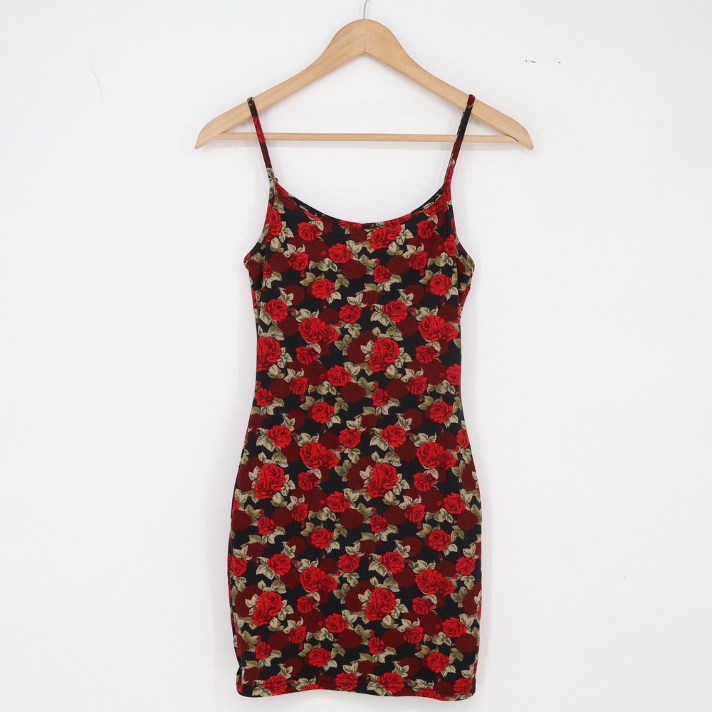 SHEIN Mini Dress Womens XS Bodycon Black Red Rose Floral Spaghetti Strap Exc